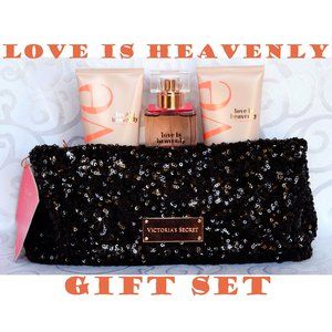 Victoria's Secret LOVE IS HEAVENLY Sequin Bag Purse Mist Lotion Wash GIFT SET